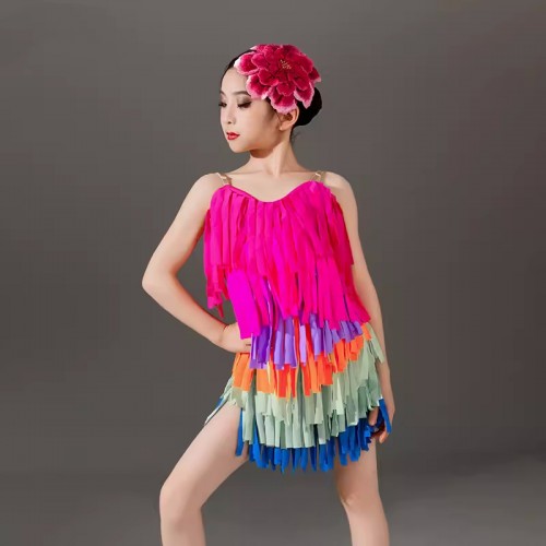 Girls kids colorful fringe competition latin dance dresses for children salsa rumba ballroom dancing costumes for children